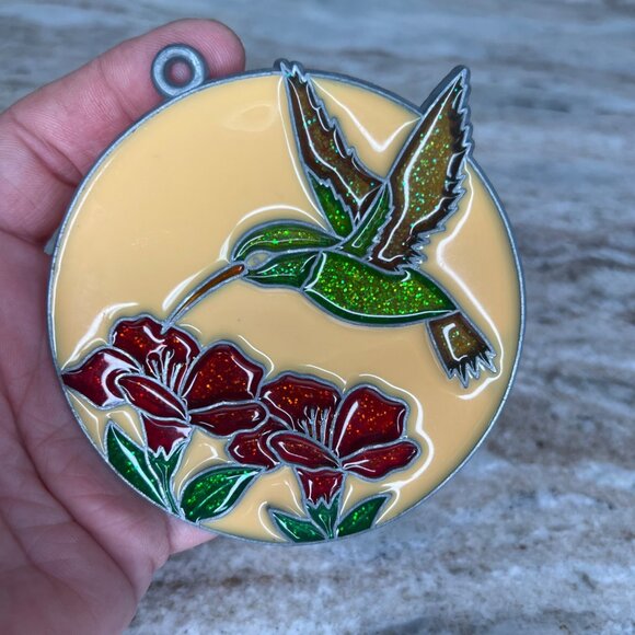Stained Glass Hummingbird & Flowers Suncatcher Round Hanging Ornament 3 Inches - Picture 5 of 7